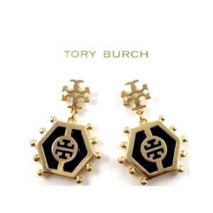 NWOT Tory Burch Rare Black And Gold Hexagon Stud Earrings